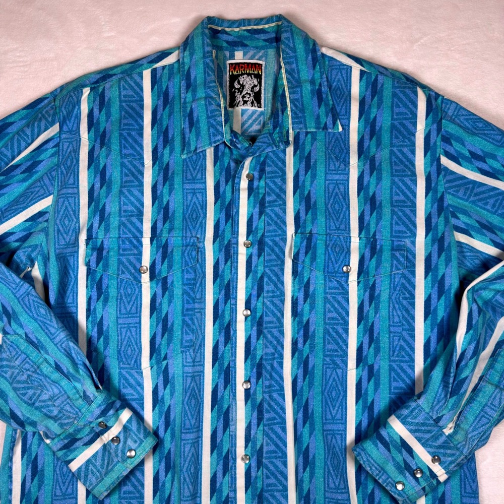 VTG Karman Western Pearl Snap Shirt Mens Large Blue Teal Geometric Stripe 90's